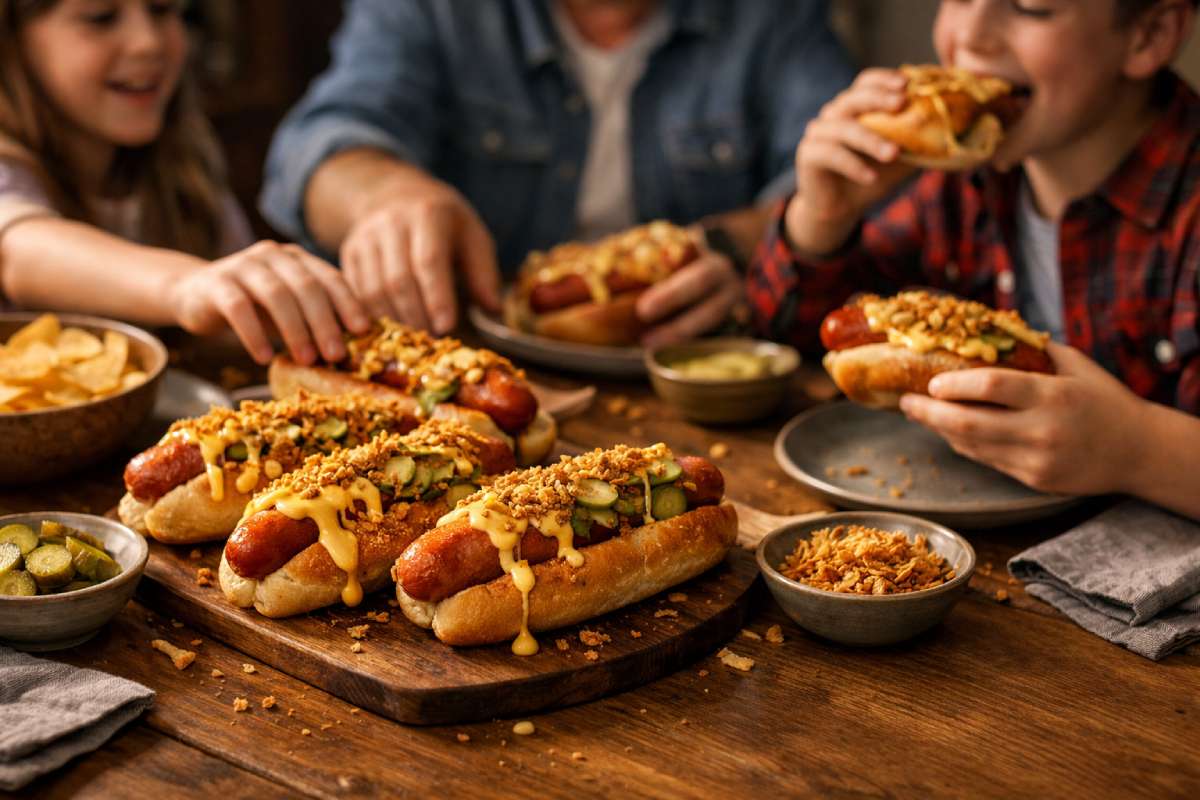 Loaded hotdog platter on a wooden board: smoked hotdogs in toasted buns topped with cheese sauce, pickles and crispy onions as a family eats at the table