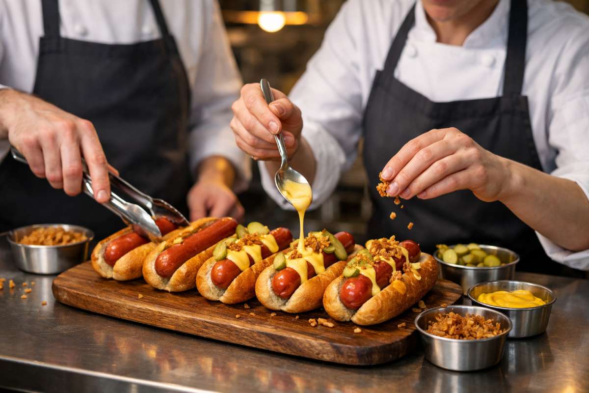 Loaded hotdog platter being assembled by professional chefs on a wooden board in a commercial kitchen, topped with cheese sauce, pickles and crispy onions