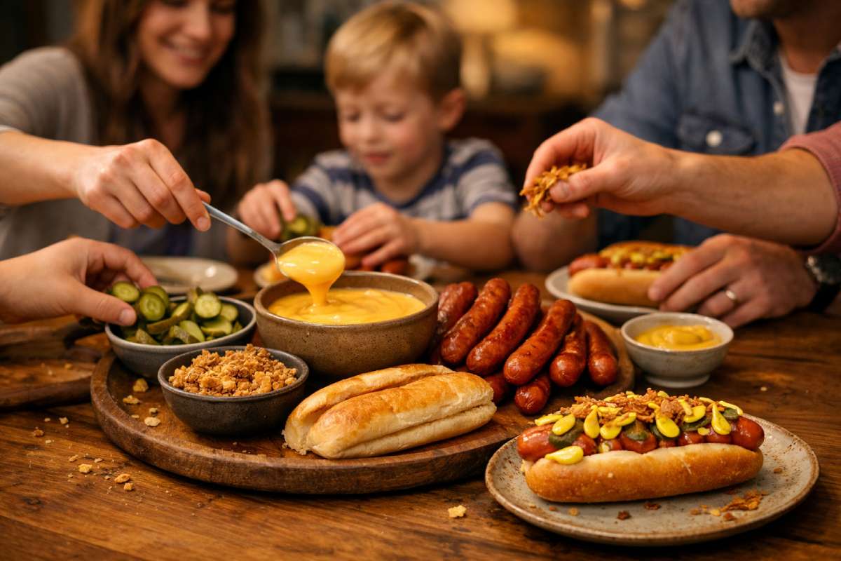 Loaded hotdog platter set up for home assembly: family at a dining table adding cheese sauce, pickles and crispy onions to smoked hotdogs in buns
