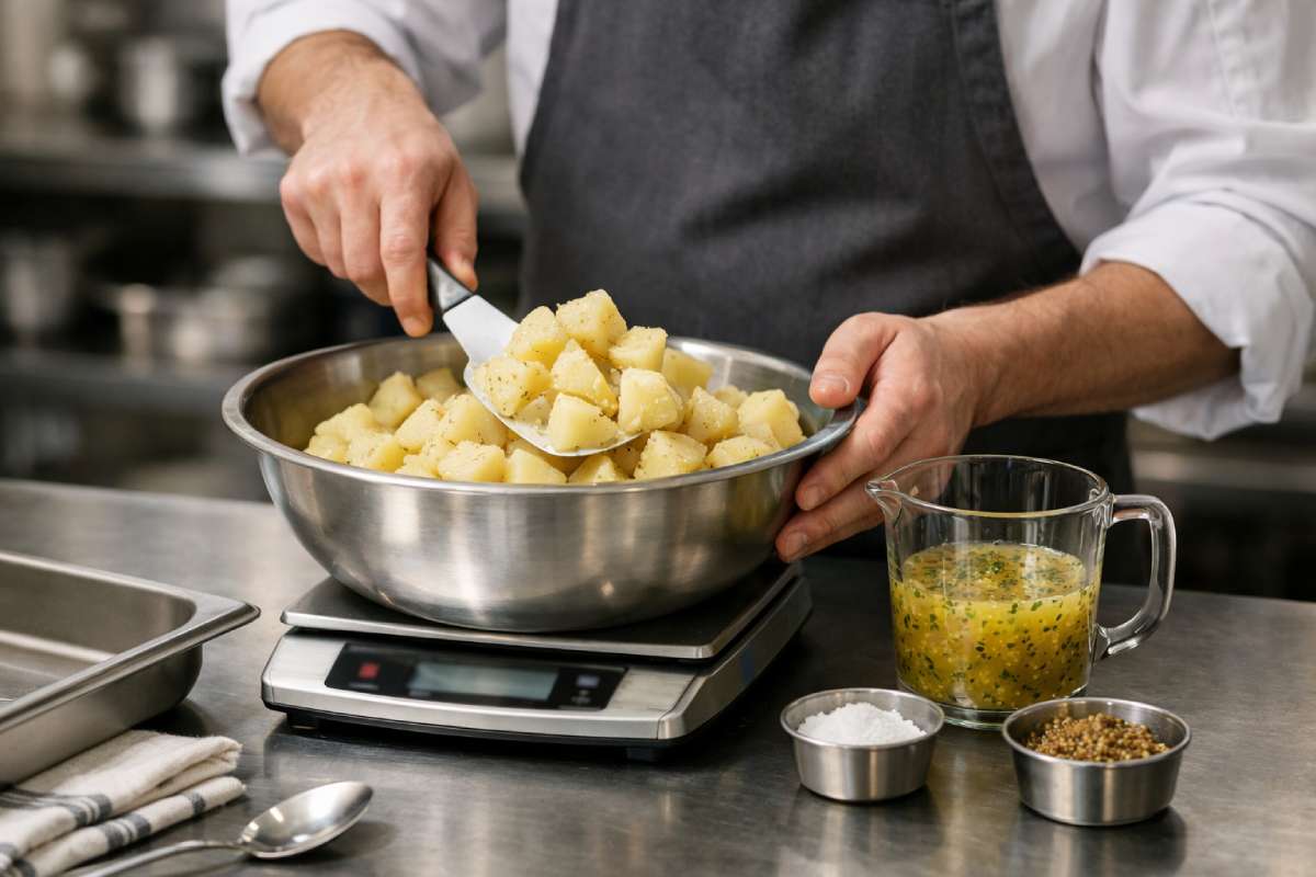 Chef weighing cooked potatoes on a digital scale and folding in dressing to batch-make potato salad for sausages with potato salad in a professional kitchen