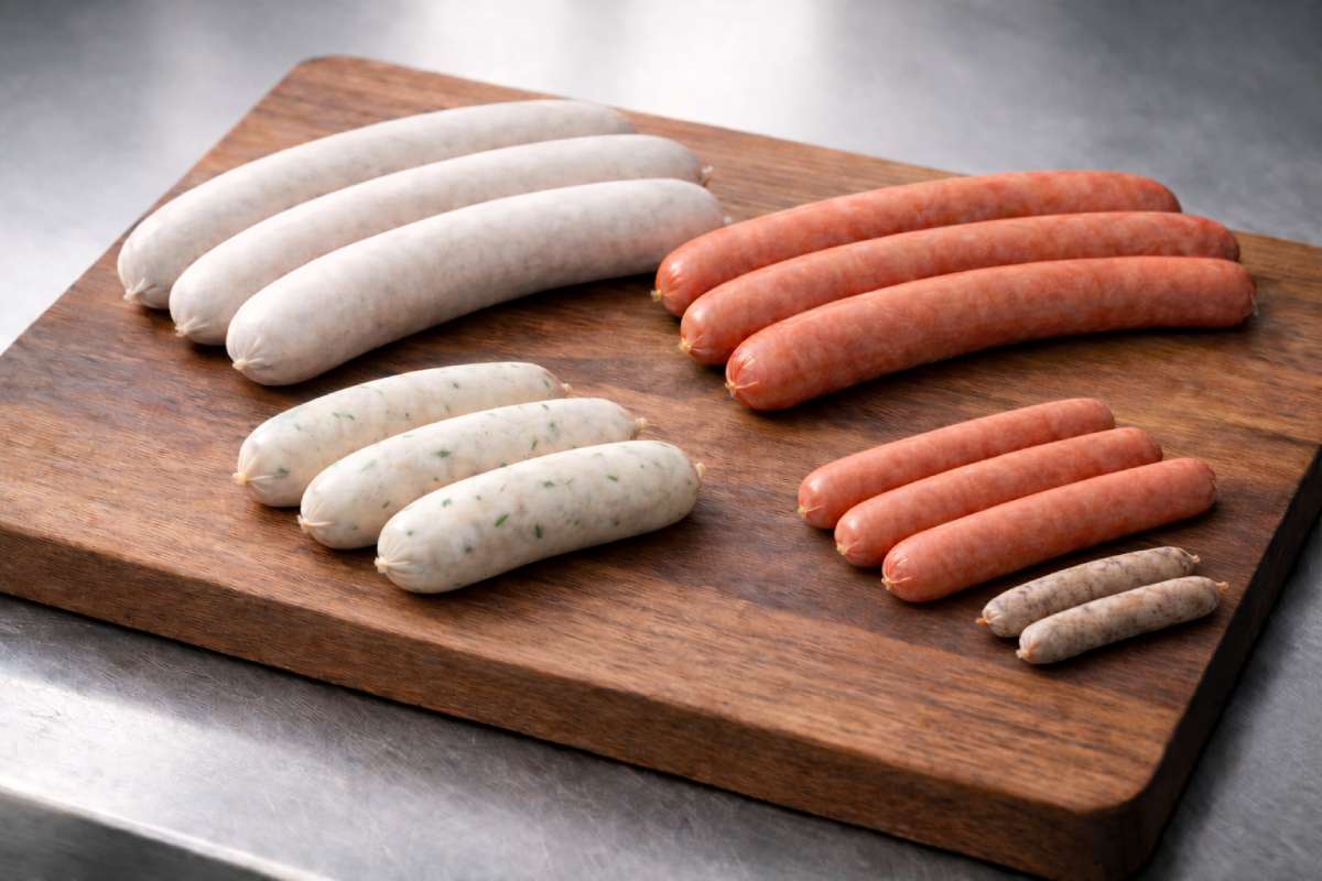 Remagen sausage range with bratwurst, bacon frankfurters, weisswurst and Nürnberger bratwurst on a wooden board