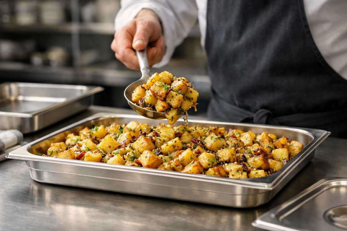 Chef filling a shallow gastro tray with roasted potato salad for make-ahead storage in a professional kitchen for sausages with potato salad