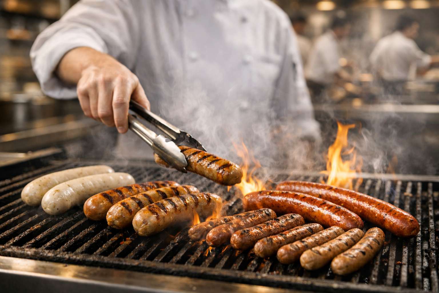 Sausage Haus German sausages on a commercial grill in a busy professional kitchen