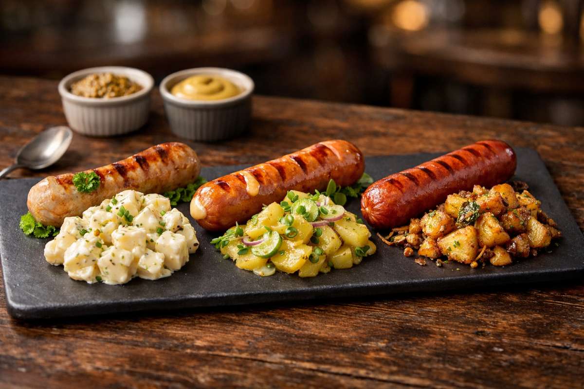 Sausages with potato salad served three ways: mayonnaise potato salad, Swabian vinaigrette potato salad and roasted potato salad on a slate board