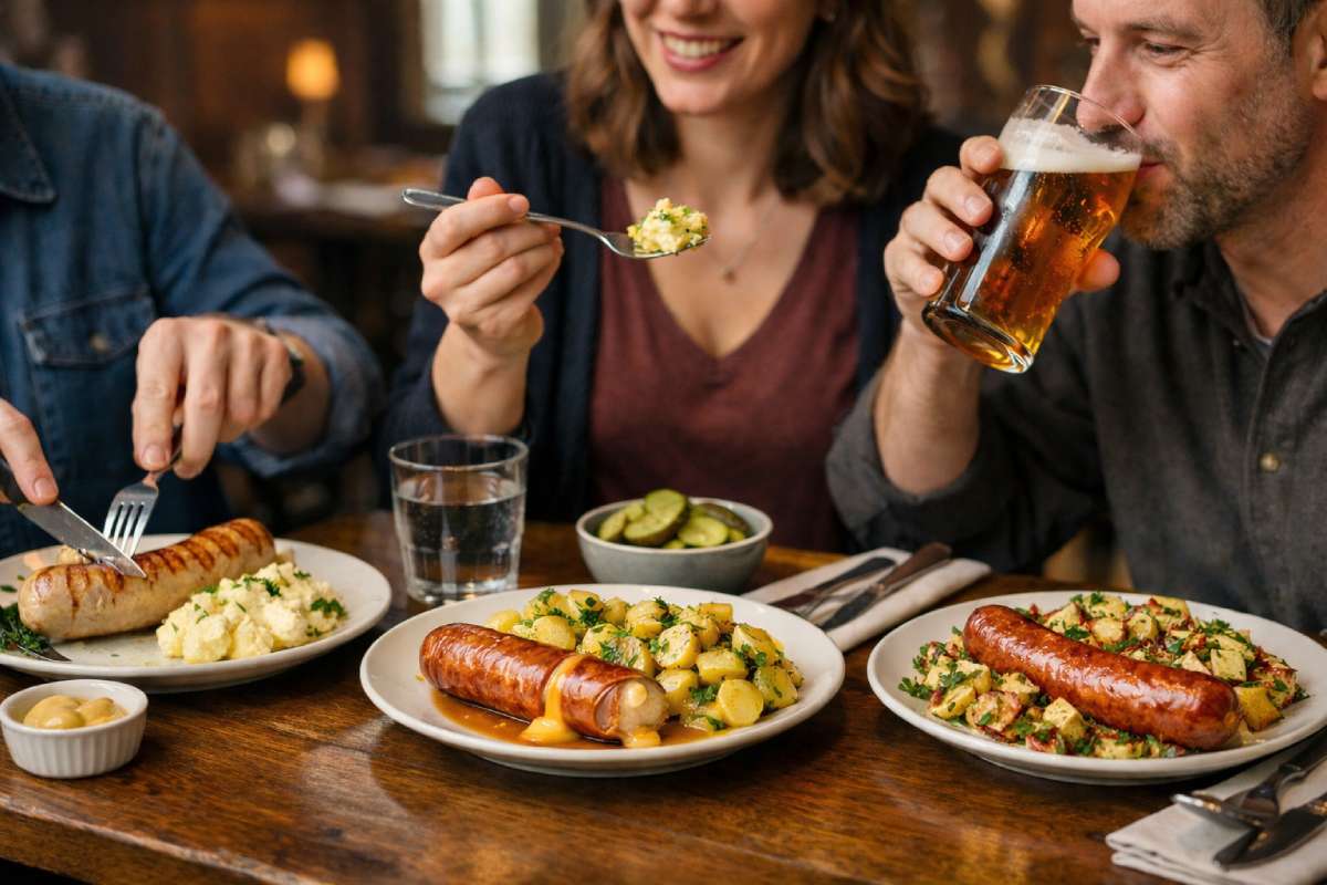 Happy pub customers eating sausages with potato salad served three ways, including mayonnaise potato salad, Swabian vinaigrette potato salad and roasted potato salad, with a pint of beer