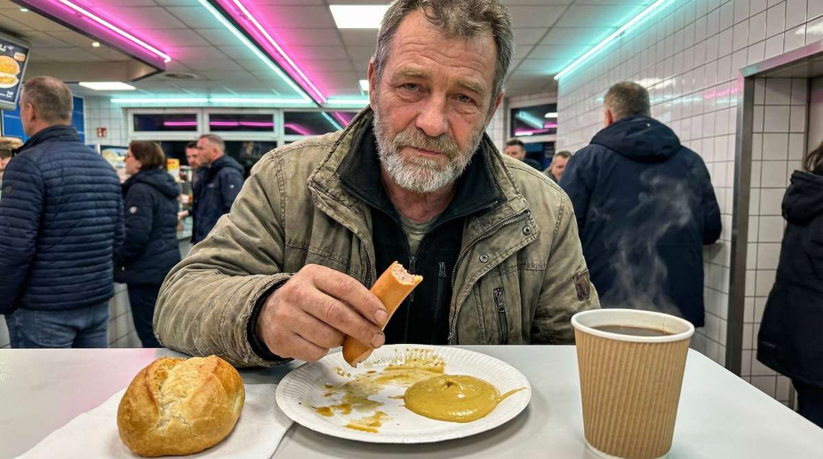 Truck driver eating a German Bockwurst with mustard at a Rasthof standing table, served with a bread roll and black coffee