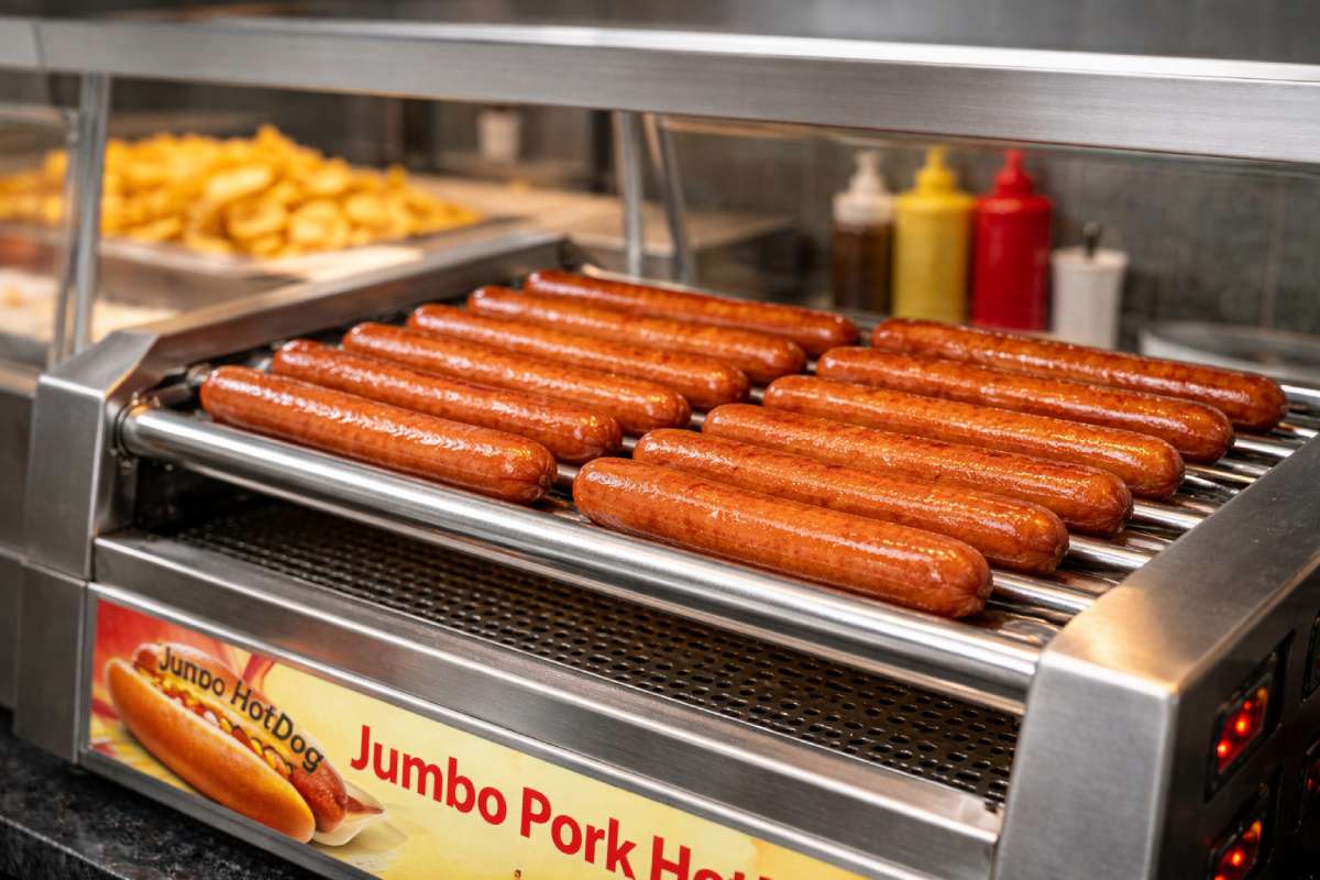 Jumbo Pork Hotdog from Costco on a roller grill in a fish and chip shop hot holding station