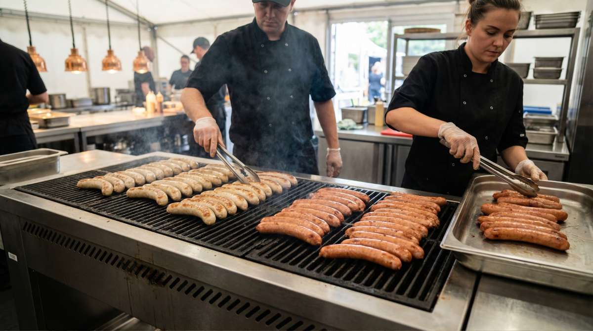 Festival food stall setup gas grill (180x80cm) loaded with 100 thick 25cm bratwursts and bacon frankfurters, with two staff turning and moving sausages during peak service.