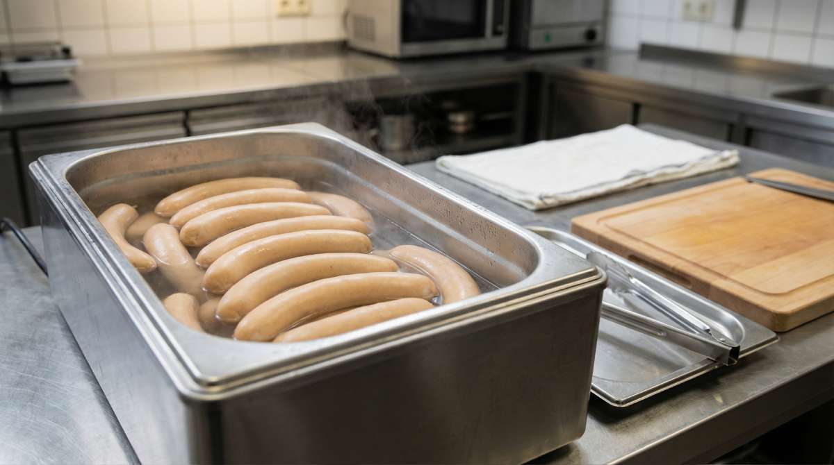Hot-hold sausages in a deep bain-marie filled with hot water, holding thick 20 cm bockwursts in a UK commercial kitchen