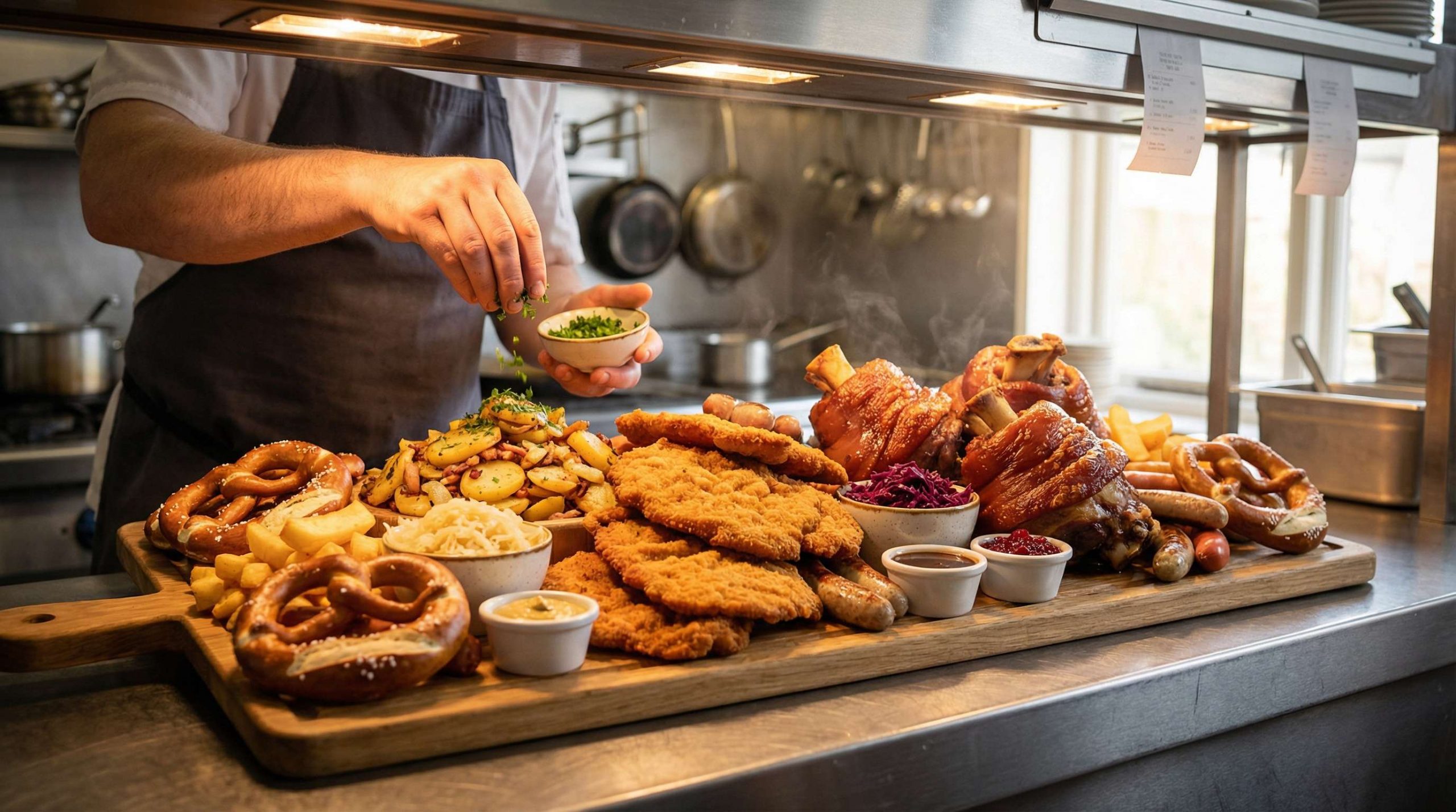 Chef finishing a large sharing platter on a UK pub pass with schnitzel, pork knuckles, pretzels, Bratkartoffeln, sauerkraut and a few sausages, showing bespoke German sausages from Sausage Haüs.