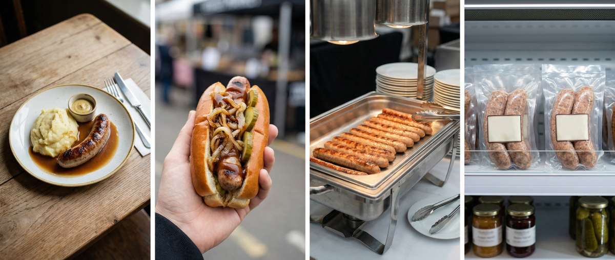 Four-panel image with white dividers showing bespoke German sausages by Sausage Haüs for pub plates, street food hotdogs, event catering service and retail packs.