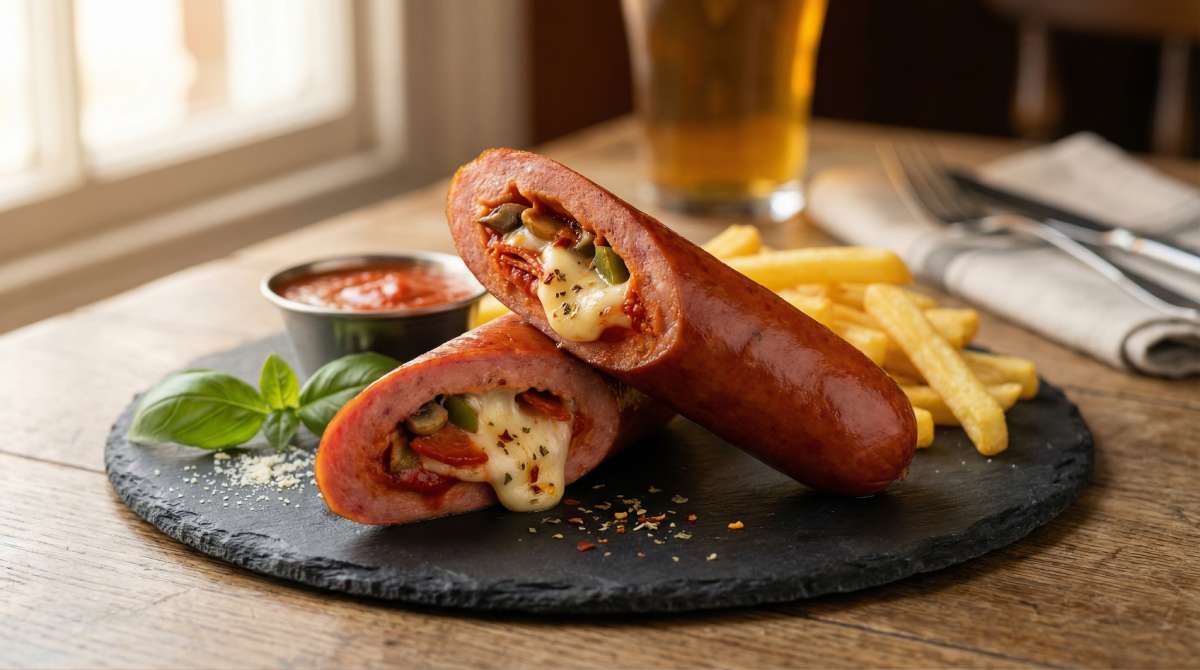 Pizza-style frankfurter (25 cm, thick) from Sausage Haüs, cut in half to show melted cheese, tomato sauce and pepperoni-style topping from bespoke German sausages.