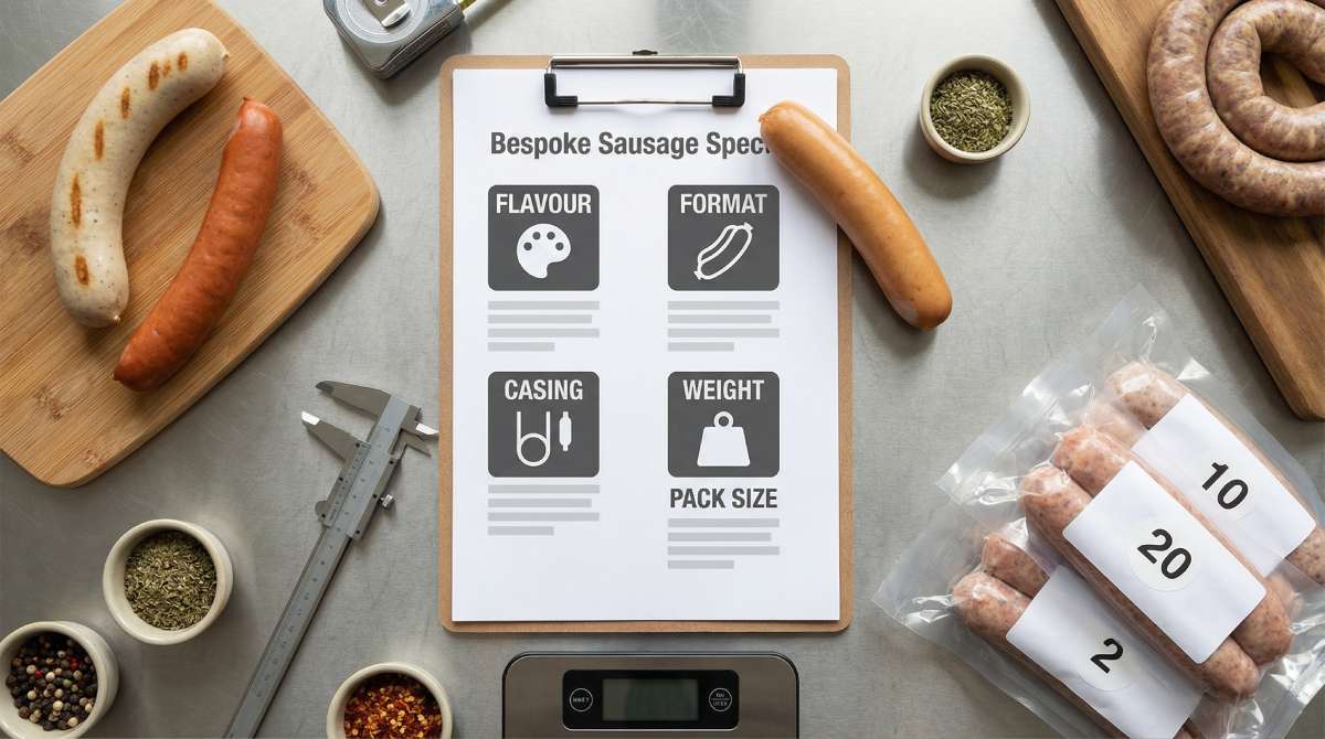 Flat lay spec sheet showing flavour, format, casing, weight and pack size for bespoke German sausages from Sausage Haüs, with sausage samples and trade packs.