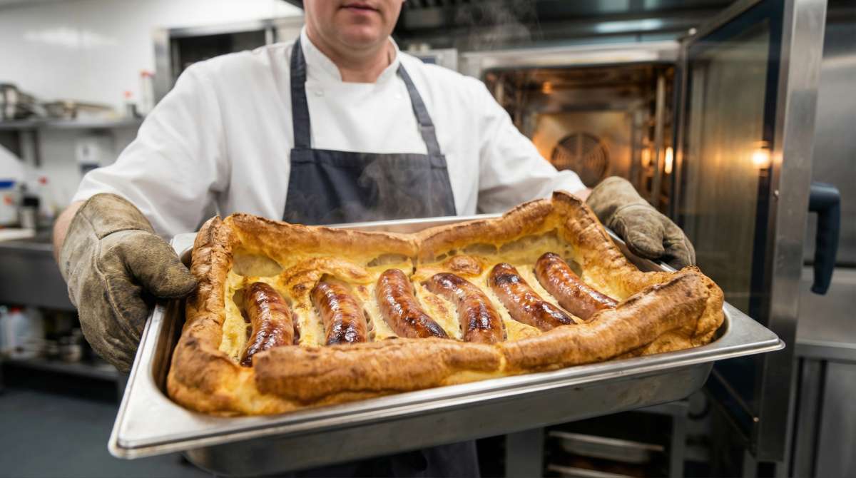 Chef holding a large commercial tray of toad in the hole with browned bacon frankfurters fresh from a hot air oven