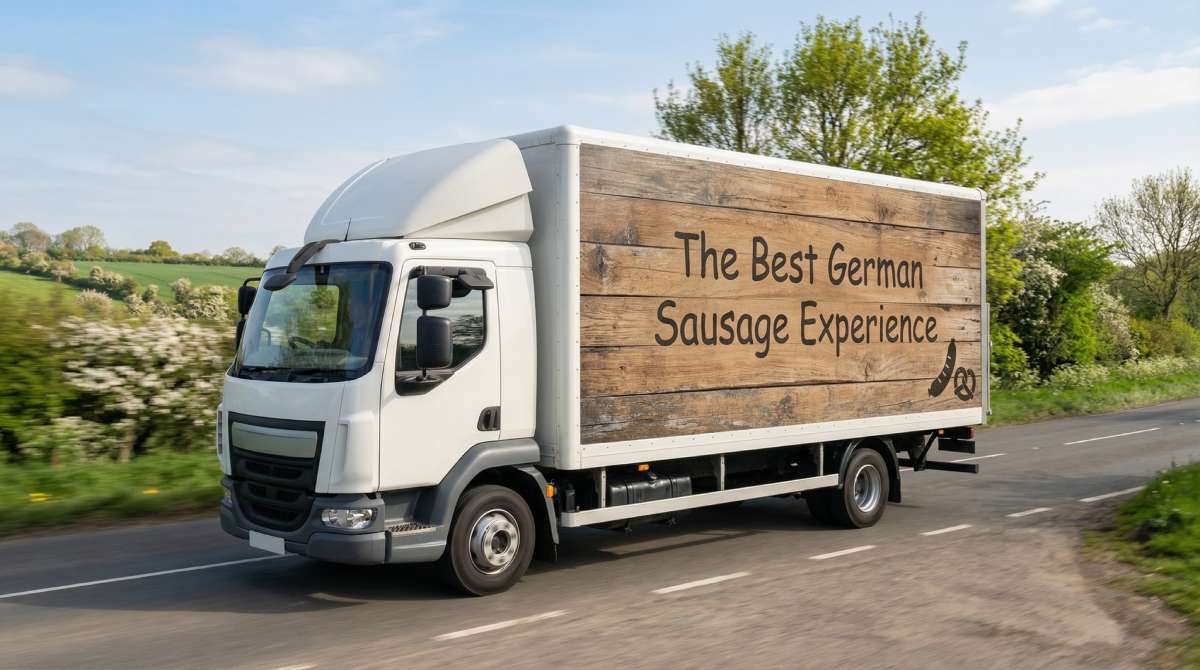 Festival food stall setup logistics - a 7.5t truck on an English country road with rustic “The Best German Sausage Experience” livery for a large-scale German sausage operation.