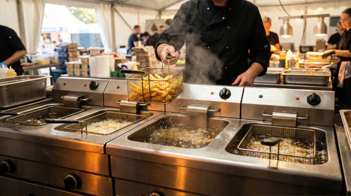 Festival food stall setup with four large American-style gas fryers in action, baskets full of chips, and a chef lifting one basket to drain during peak service.