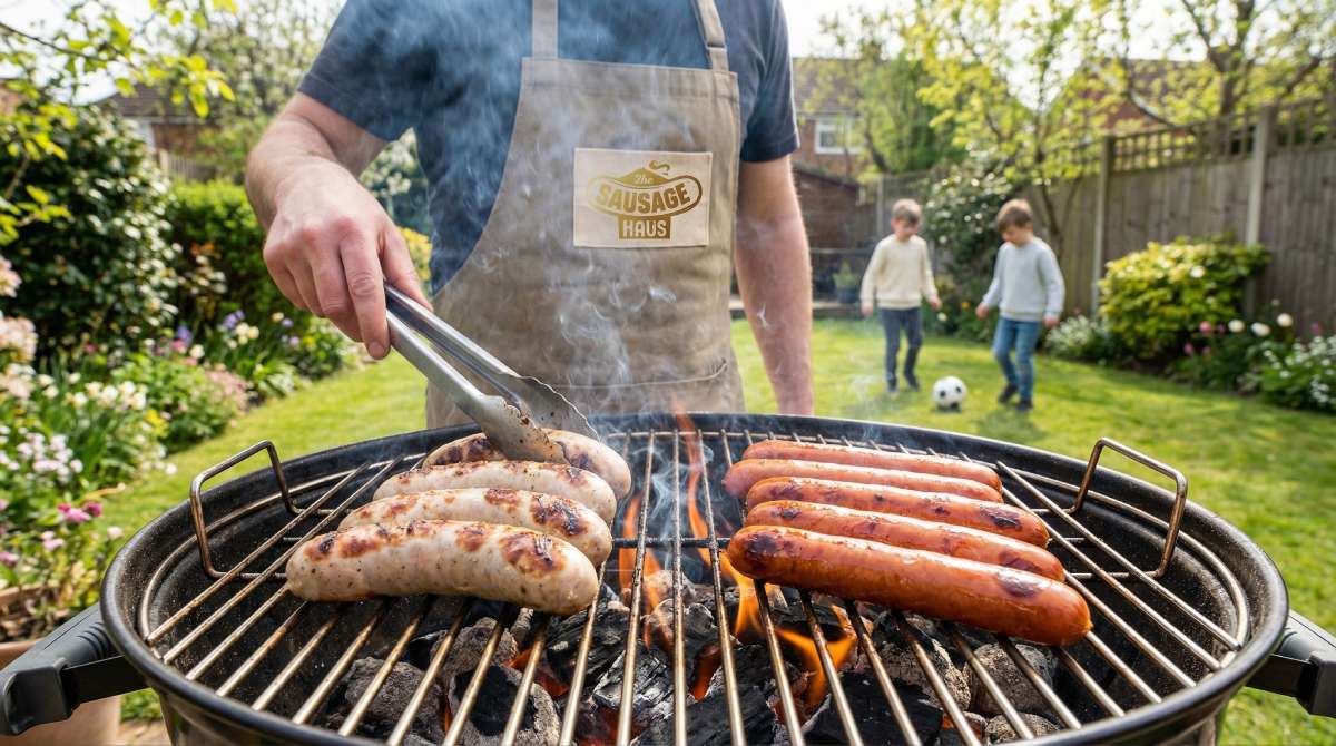 Man grilling retail german bratwurst and bacon frankfurters on a charcoal BBQ in a UK garden while kids play in the background