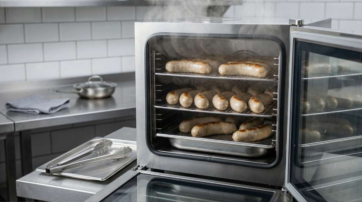 Hot-hold sausages in a commercial steamer with nicely browned German bratwursts on a rack in a UK kitchen