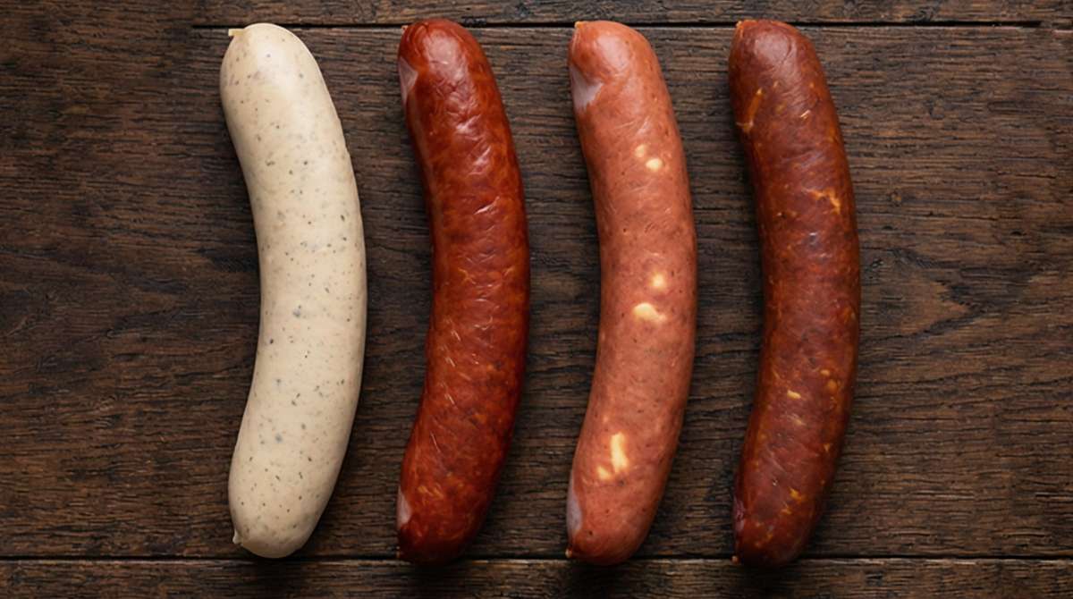 Four sausage variants for toad in the hole on a wooden board: bratwurst, bacon frankfurter, cheese frankfurter and chilli beef frankfurter