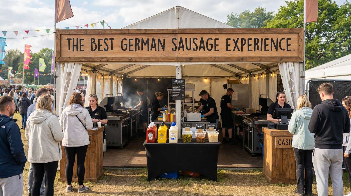 Festival food stall setup in a 6x3m tent with queues at both corners and “The Best German Sausage Experience” branding at a busy spring music festival.