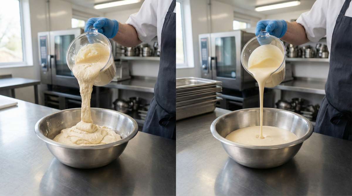 Side-by-side comparison of toad in the hole Yorkshire pudding batter being poured: too thick batter on the left and correct smooth pourable batter on the right