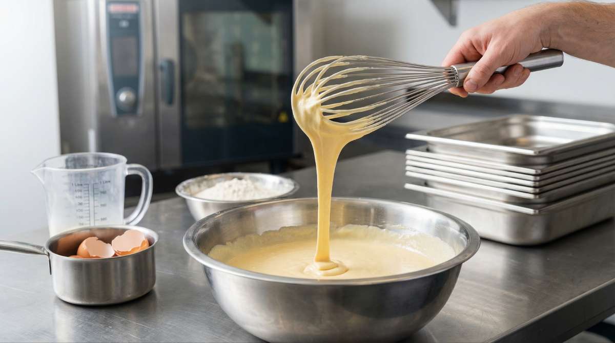 Chef whisking toad in the hole Yorkshire pudding batter in a commercial kitchen, showing a smooth pourable ribbon consistency