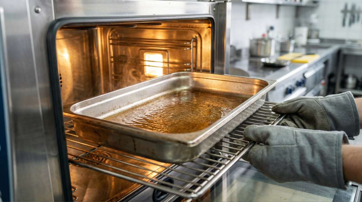 Wide shallow roasting tin with shimmering hot fat on the middle rack of a commercial hot air oven, ready for toad in the hole batter