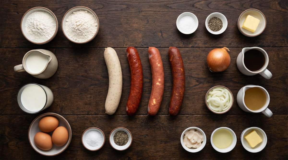 Flat lay of toad in the hole ingredients with bratwurst and frankfurter sausage options, flour, eggs, milk, onions, stock and cooking fats