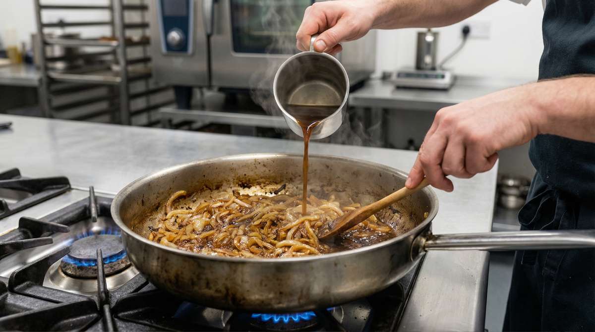 Chef deglazing browned onions in a large commercial pan with stock to start a rich onion gravy for toad in the hole