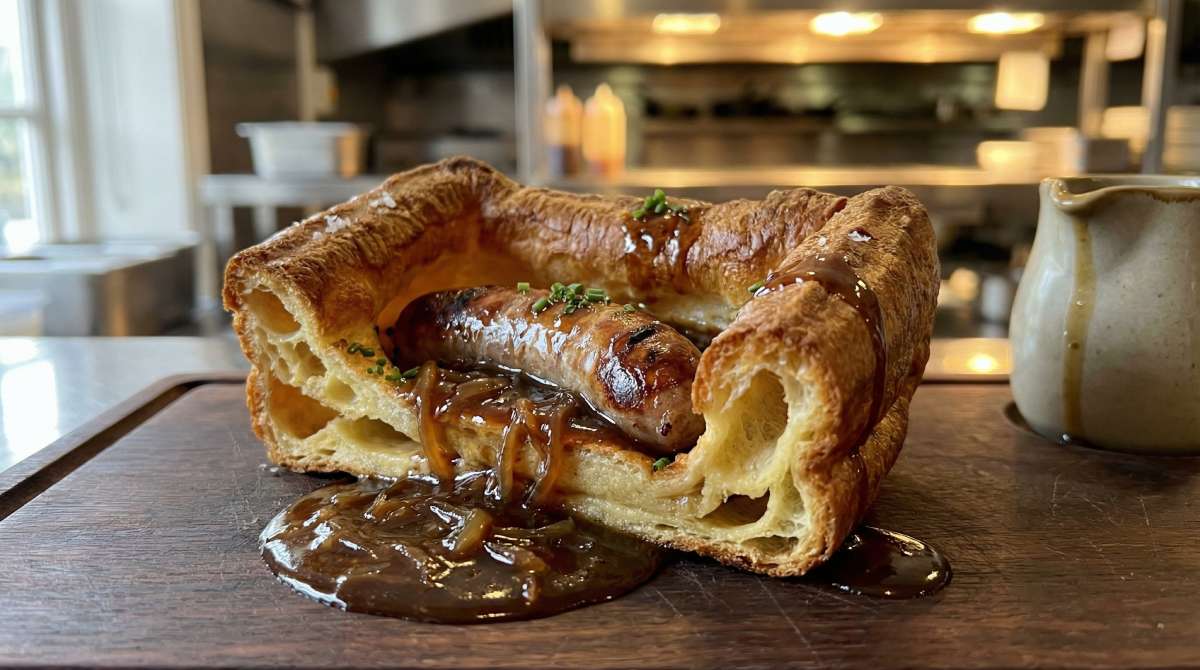 Perfect toad in the hole with crisp Yorkshire pudding batter, browned bratwurst and rich onion gravy