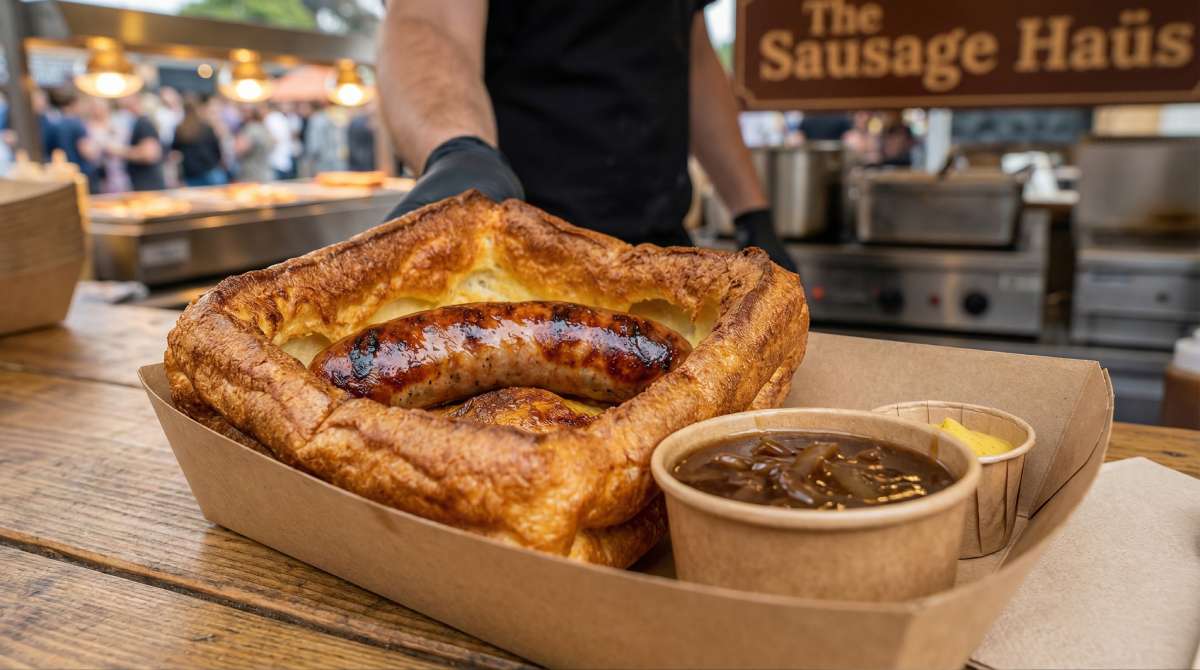 Street food portion of toad in the hole with browned bratwurst in a tray, served with a separate pot of onion gravy