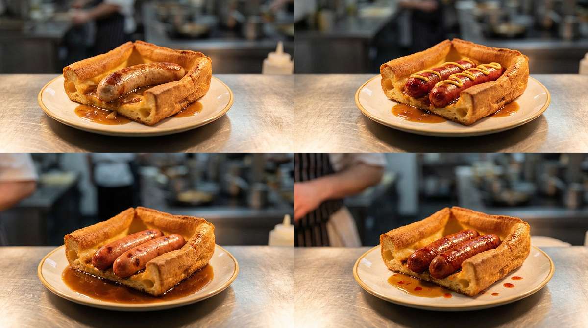 Four plated toad in the hole variations with different sausages: bratwurst classic, bacon frankfurter with mustard, cheese frankfurter with ale gravy, and chilli beef frankfurter spicy version