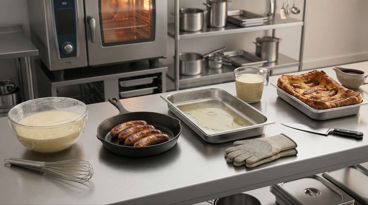 Commercial kitchen workflow setup for toad in the hole showing rested batter, browned sausages, hot tray with fat, batter jug ready, and finished tray bake resting