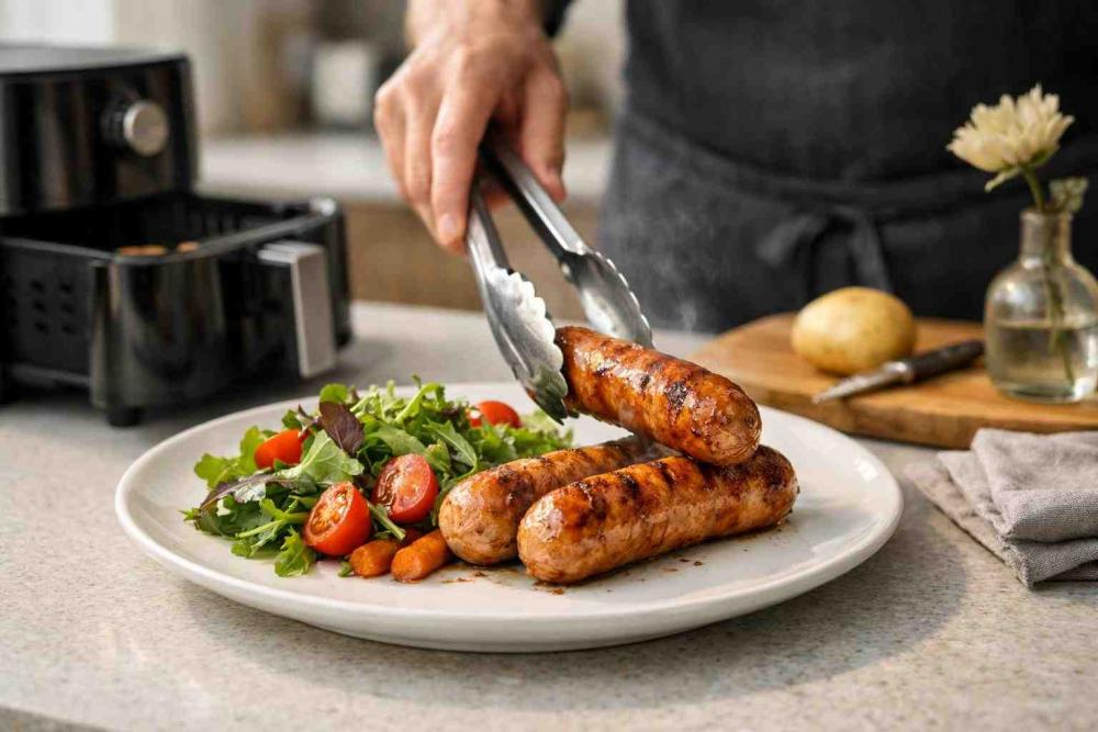 Home cook plating two browned German sausages from a small air fryer onto a plate with salad and oven-roasted potatoes on a tidy UK kitchen counter — a simple, no-fuss weeknight dinner featuring air fryer german sausages.