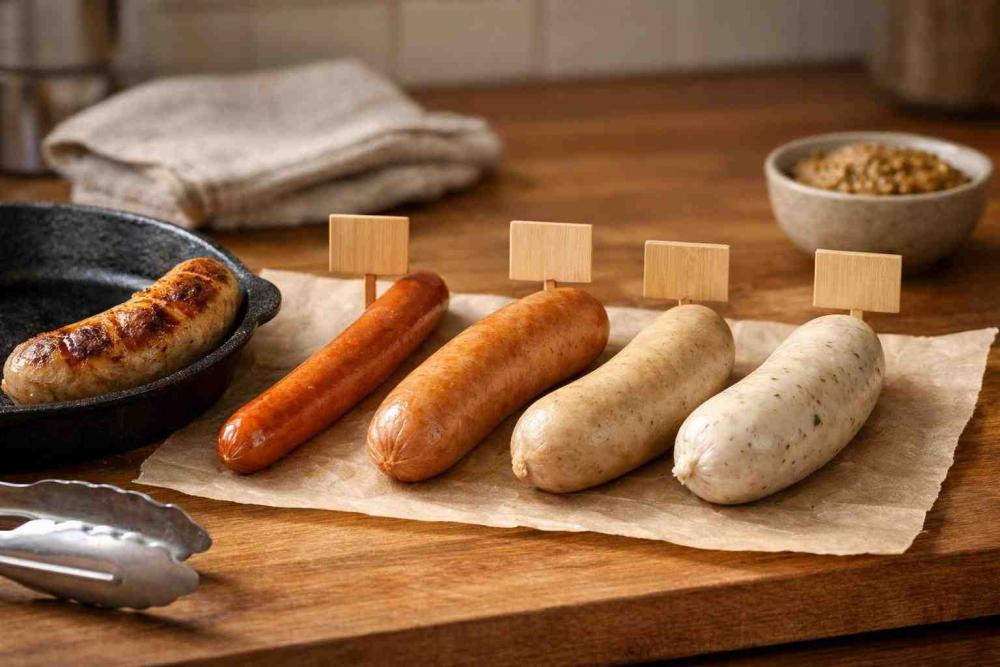 Home kitchen counter with four pre-cooked German sausages—bratwurst, frankfurter, bockwurst, Weisswurst—laid on parchment, labelled with small plain wooden markers; one bratwurst partly browned in a skillet, with tongs and a kitchen towel nearby. air fryer german sausages.