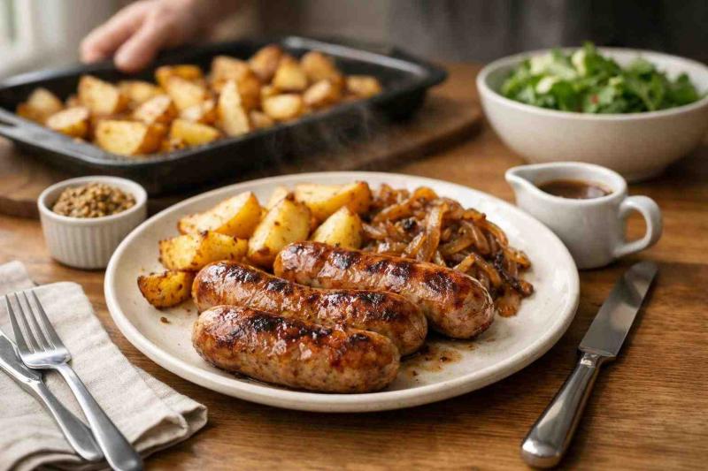 Home dining table with a plate of browned air fryer German sausages, golden roast potato wedges and caramelised onions, a ramekin of mustard and a small jug of gravy nearby.