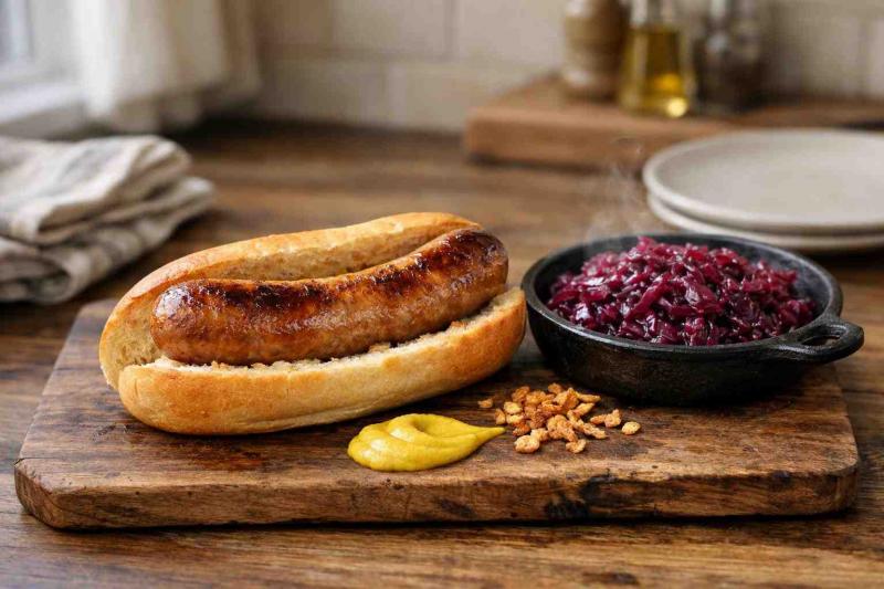 Air-fried bratwurst in a soft roll on a rustic wooden board with a small cast-iron skillet of warm braised red cabbage, a smear of mustard and scattering of fried onions — home kitchen dinner scene highlighting air fryer german sausages.