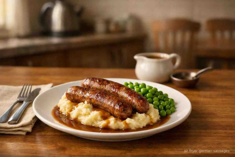 Home dining scene with air fryer german sausages: two browned bratwurst-style sausages on buttery mashed potatoes, peas and a ribbon of gravy on a white plate on a wooden table, warm window light, blurred kitchen background.