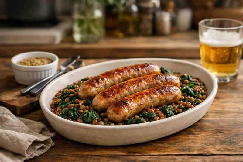 Three golden-browned air-fried German sausages on a shallow ceramic dish over warm brown lentils and wilted greens, with a ramekin of mustard dressing, serving tongs, linen napkin and a blurred glass in a home-kitchen banner photo of air fryer german sausages.