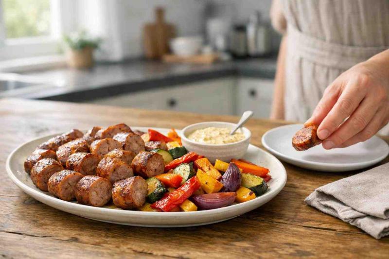 5. Air fryer German sausages with mixed roasted vegetables and mustard yoghurt