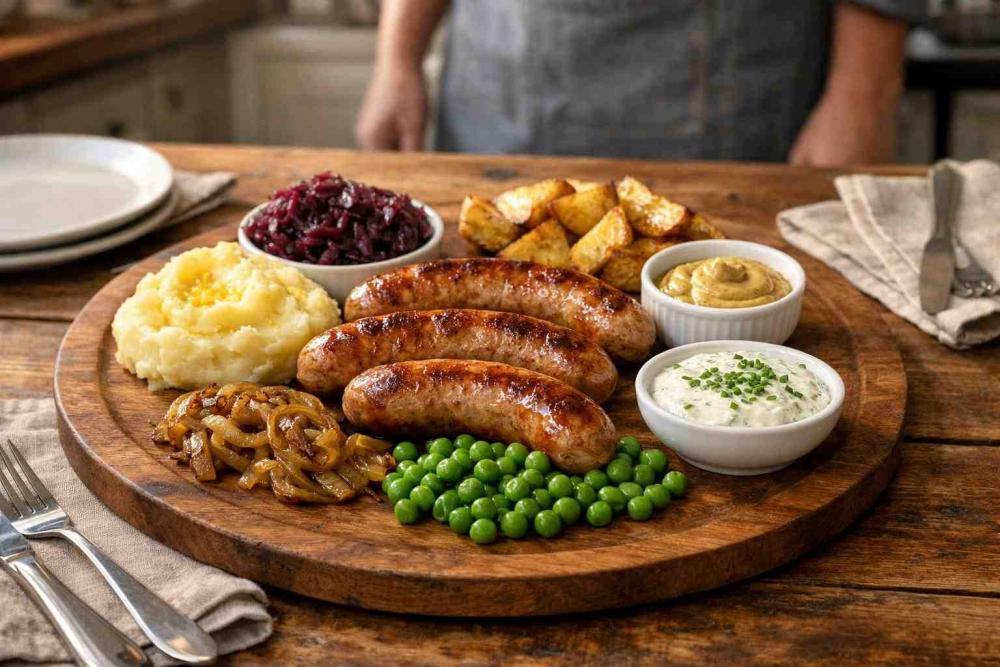 Wide editorial photo of a wooden serving board with three browned air fryer German sausages surrounded by mashed potatoes, roast potato wedges, braised red cabbage, mustard, yoghurt sauce and caramelised onions on a home dining table — food-focused home dining scene.