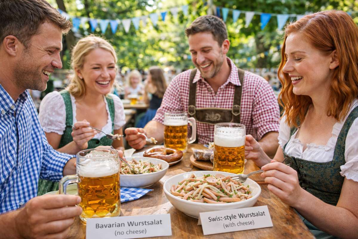 People eating Bavarian Wurstsalat and pretzels with beer steins on a table in a sunny Bavarian biergarten.