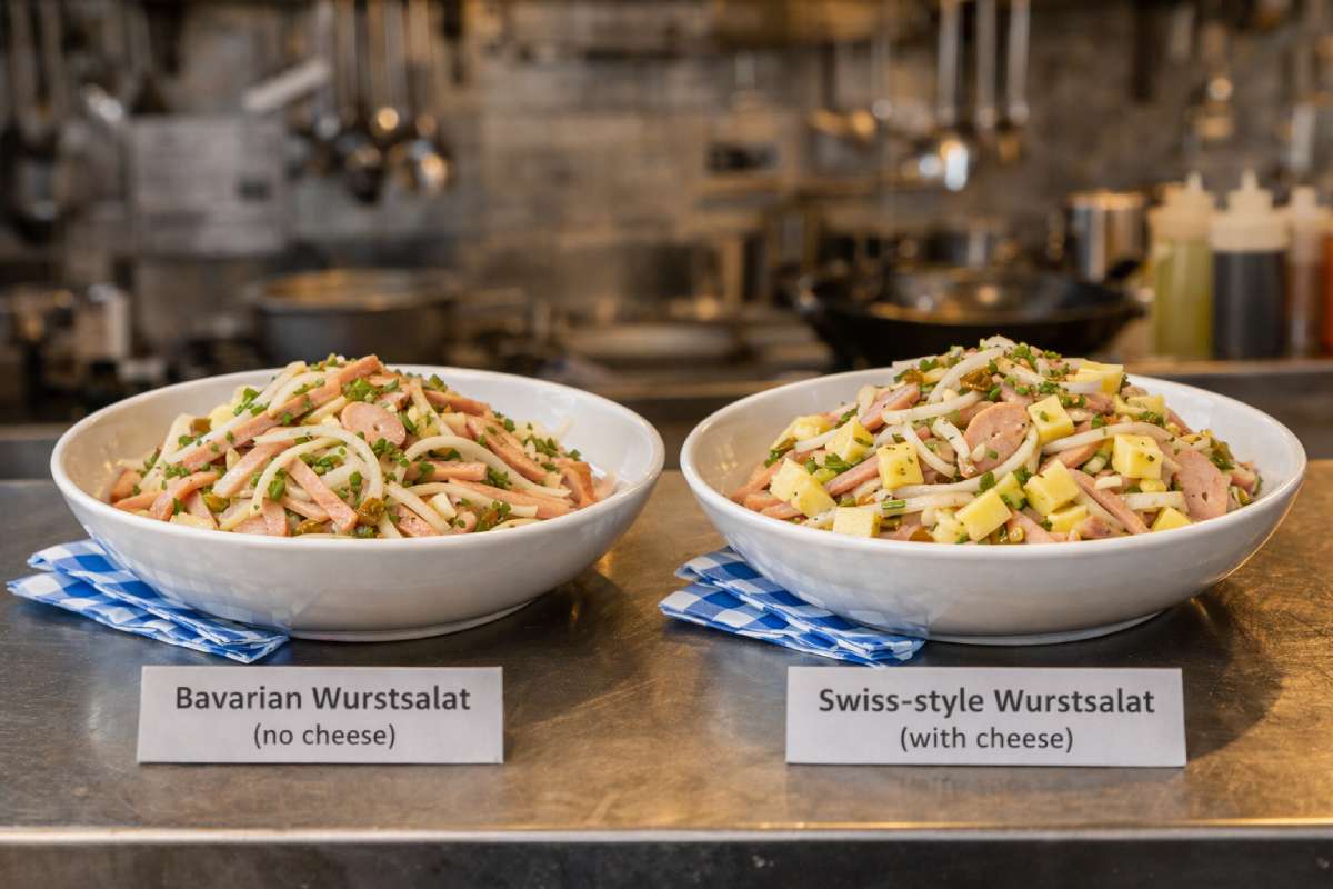 Bavarian and Swiss Wurstsalat side by side on a pub kitchen pass, with sausage cut into strips; Swiss version includes cheese.