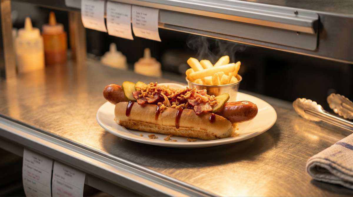 Close-up of a BBQ bacon hot dog on a UK pub kitchen service pass with light BBQ drizzle, crisp bacon pieces, crispy onions and chips