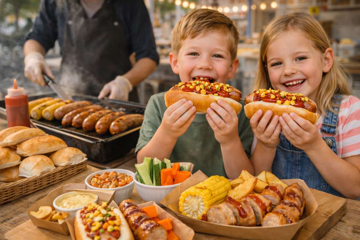 Two children smiling and holding bratwurst rolls at a family-friendly food stall, with sliced sausage, wedges and corn in the foreground for bratwurst recipes for kids