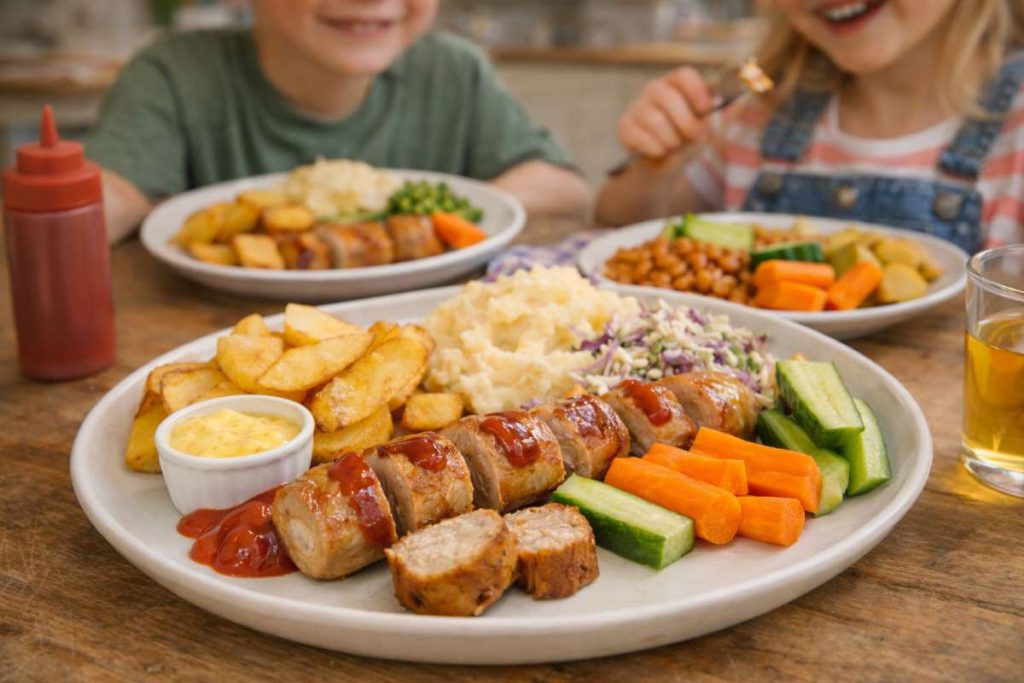 Kid-friendly bratwurst plate with sliced sausage, wedges, mash, mild slaw and vegetable sticks for bratwurst recipes for kids