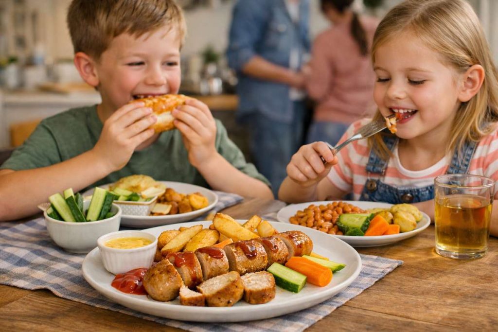 Two children enjoying a child-friendly bratwurst meal with sliced sausage, wedges and simple vegetables at a family table
