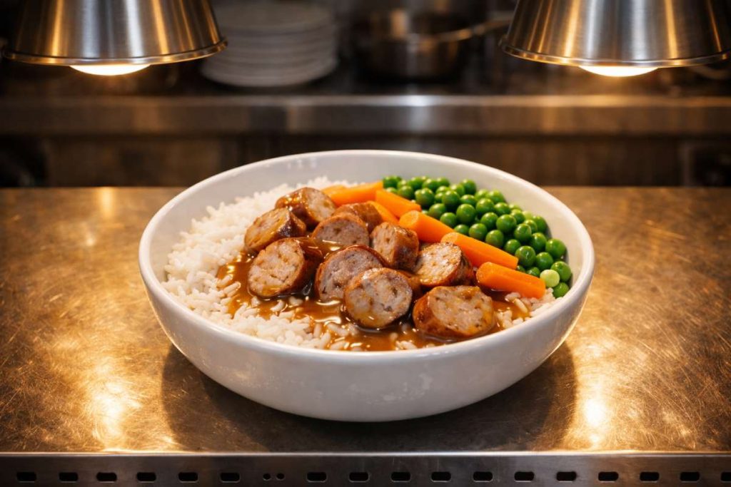 Bratwurst rice bowl with light gravy, white rice, peas and carrot batons in a commercial kitchen pass under warming lamps