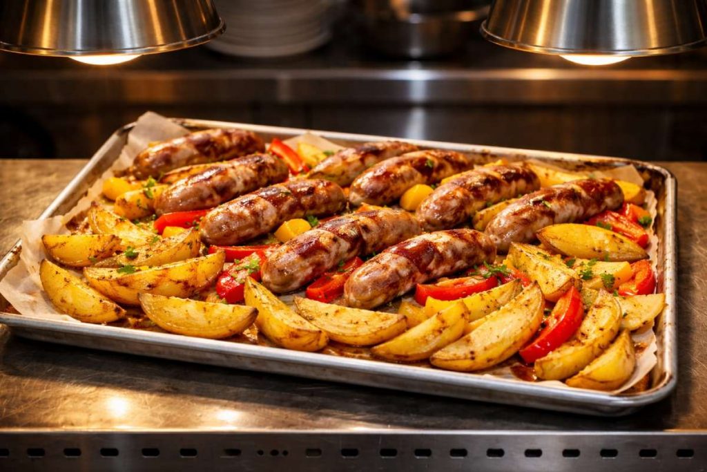 Bratwurst tray bake with potato wedges and sliced red and yellow peppers on a roasting tray in a commercial kitchen pass under warming lamps