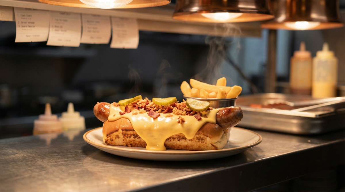Close-up of a cheese sauce hot dog on a UK pub kitchen service pass with smooth cheese sauce coating the sausage, crispy onions, contrast pickles and chips